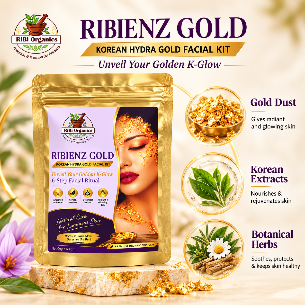 RIBIENZ GOLD KOREAN HYDRA GOLDD FACIAL KIT  - 6 STEPS FACIAL RITUAL
